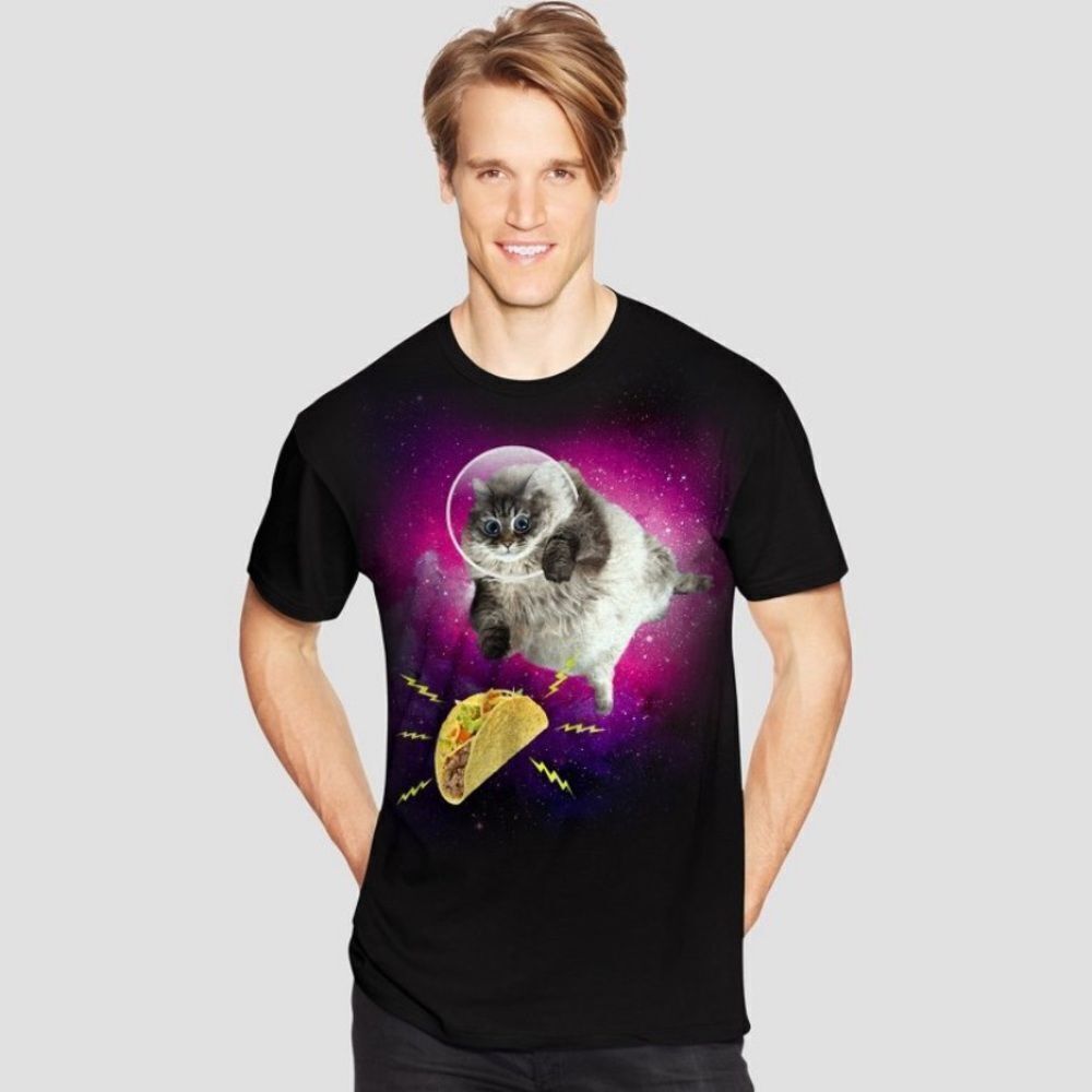 New without Tags Mens Hanes Graphic Nano Tee Chunky Space Kitty With Taco Small‎